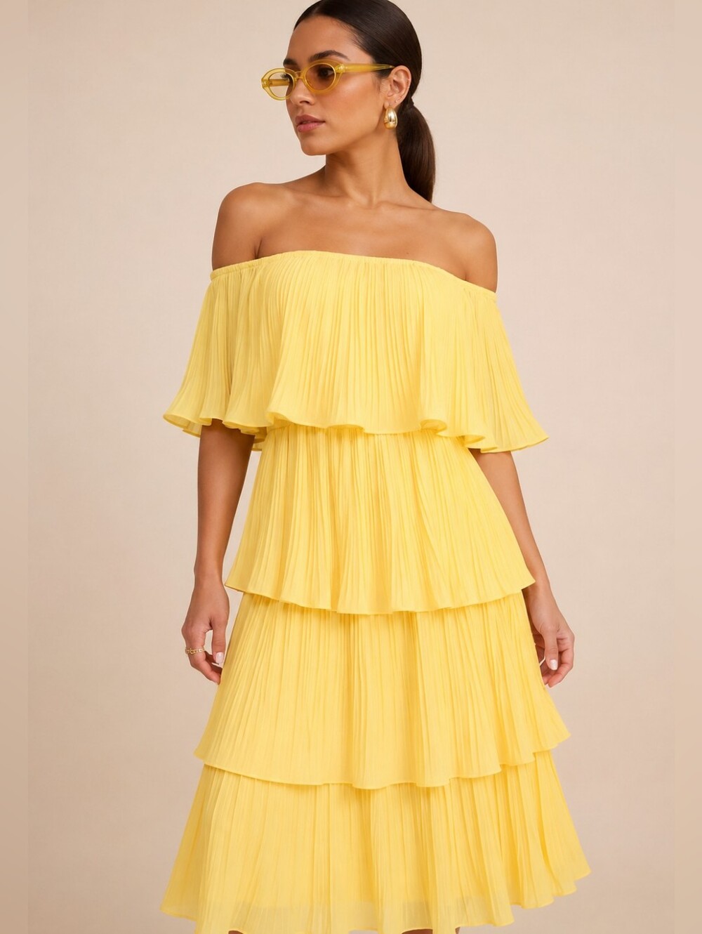 Women's Size L  off-the-shoulder pleated ruffle midi dress Yellow